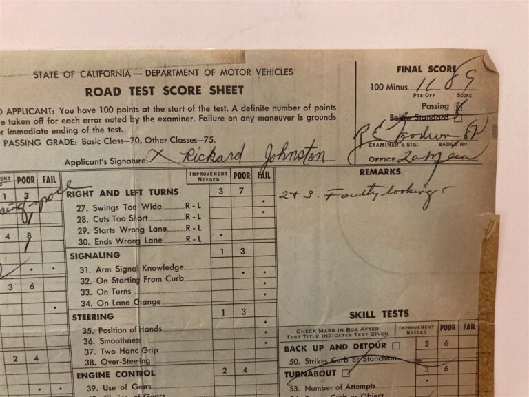 1970 California State Drivers Examination Test Score Sheet DMV CA Vtg