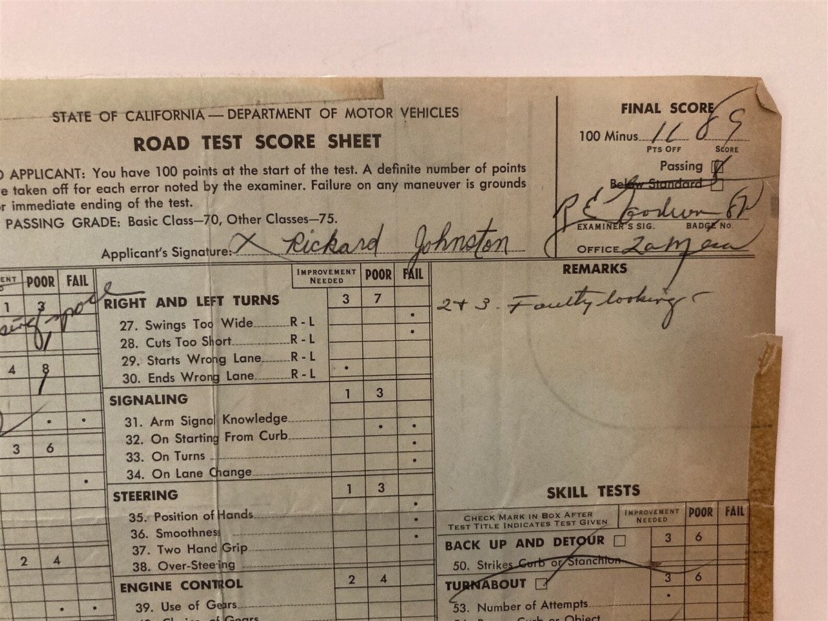 1970 California State Drivers Examination Test Score Sheet DMV CA Vtg EBay
