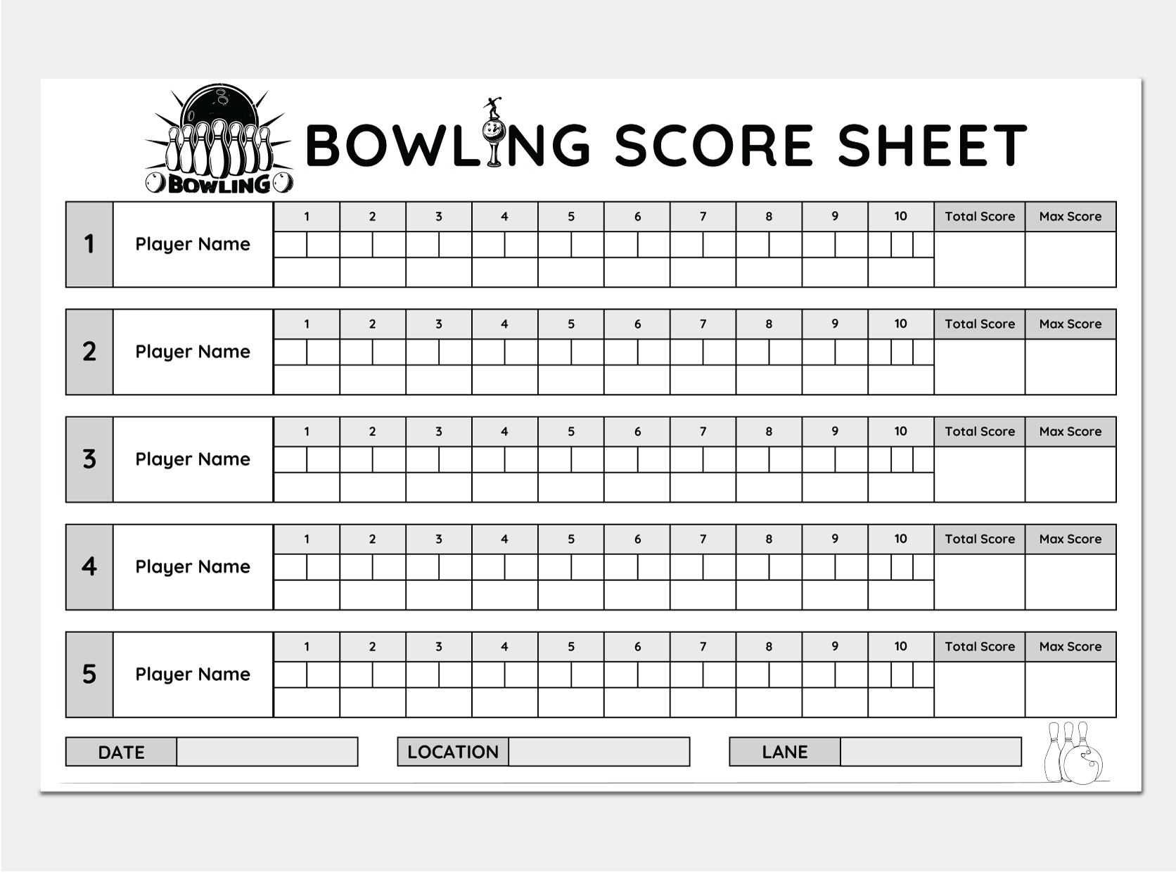 5 Player Bowling Score Sheet Template WordLayouts