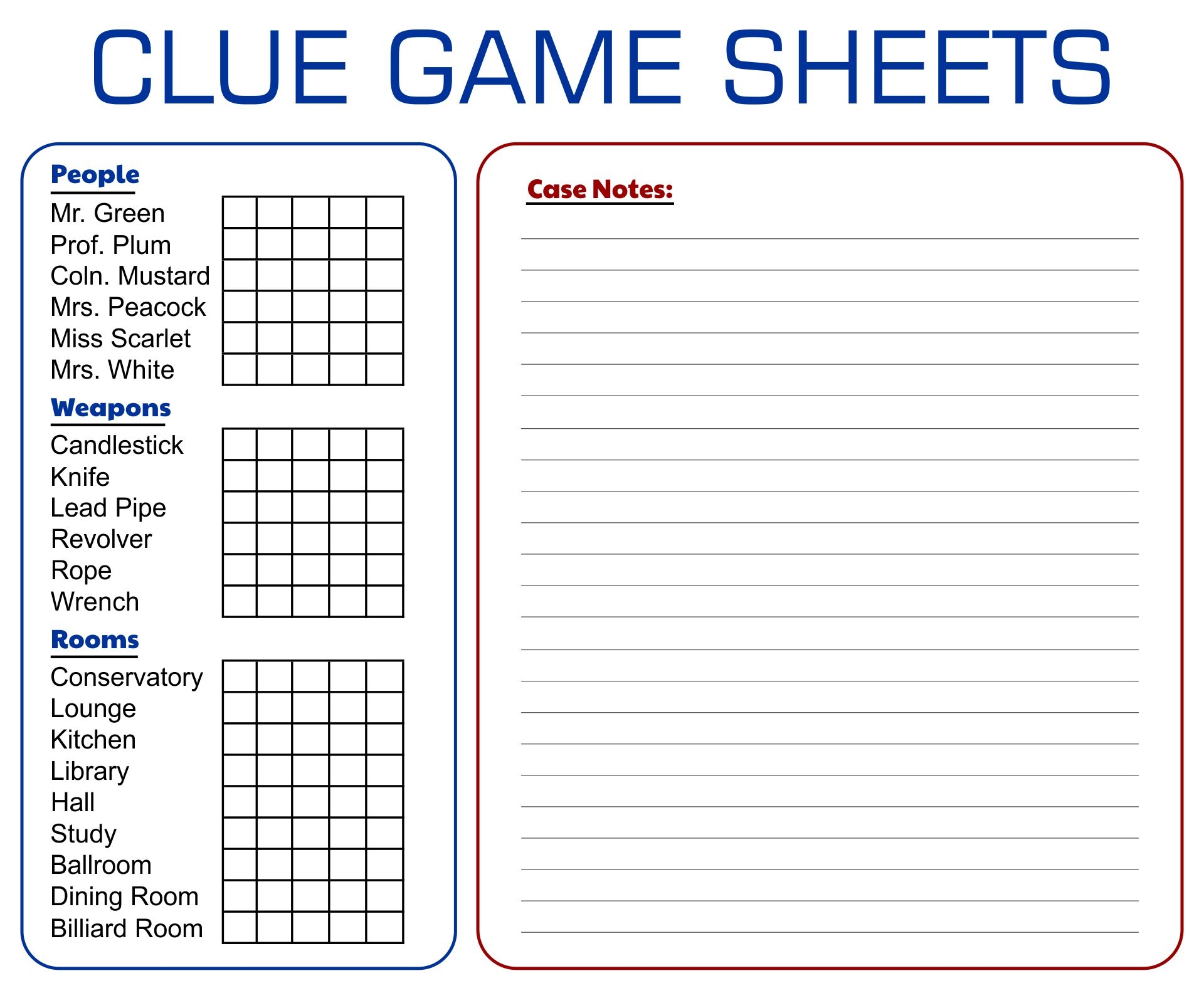 Board Game Clue Sheets 10 Free PDF Printables Printablee