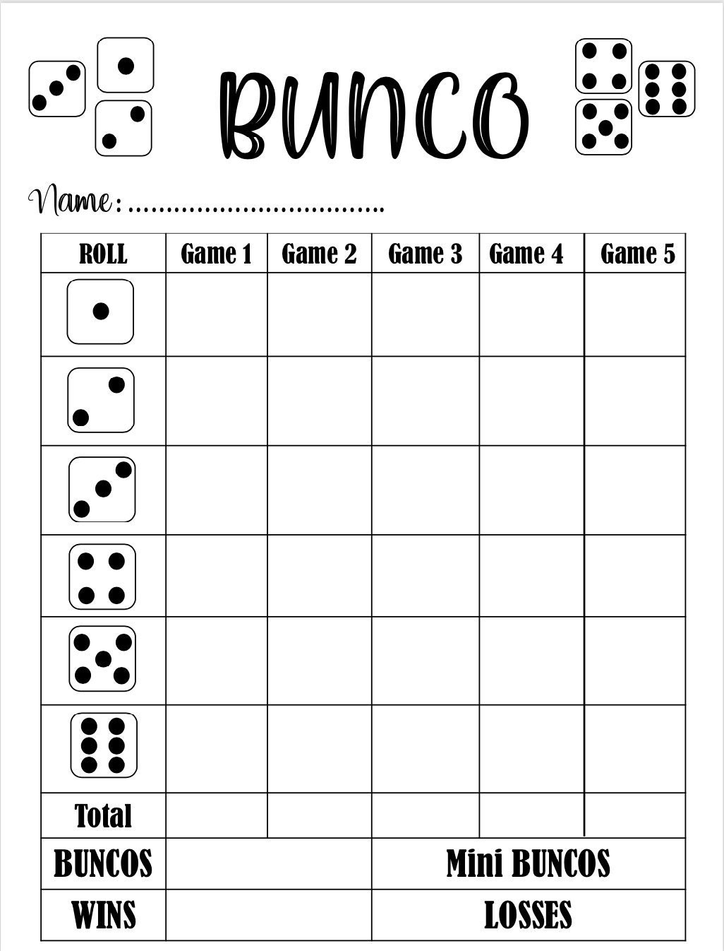 Bunco Score Card Bunco Scoresheet Bunco Score Pads Printable File PDF Download 8 5x11