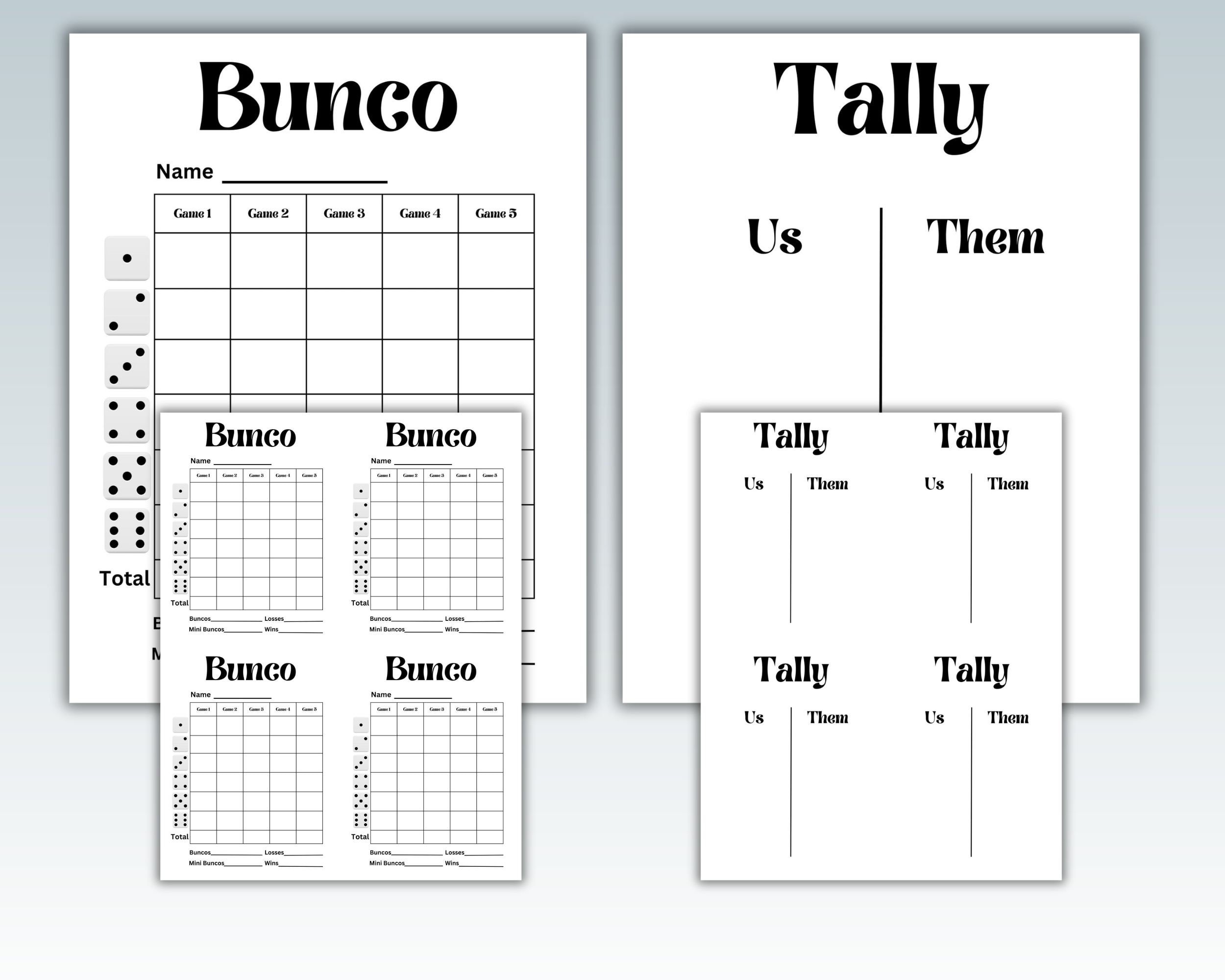 Bunco Score Sheets With Tally 3 Sizes INSTANT DOWNLOAD Bunco Tally Plain Bunco Scoresheets 4 To A Page Bunco Sheets Etsy