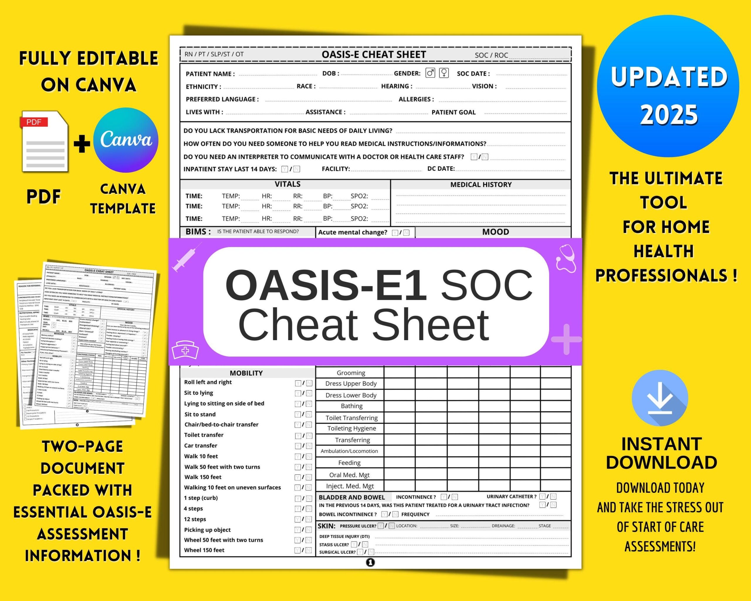 Buy OASIS E Cheat Sheet Start Of Care Template OASIS Home Health Nurse Nurse Visit Cheatsheet SOC Online In India Etsy