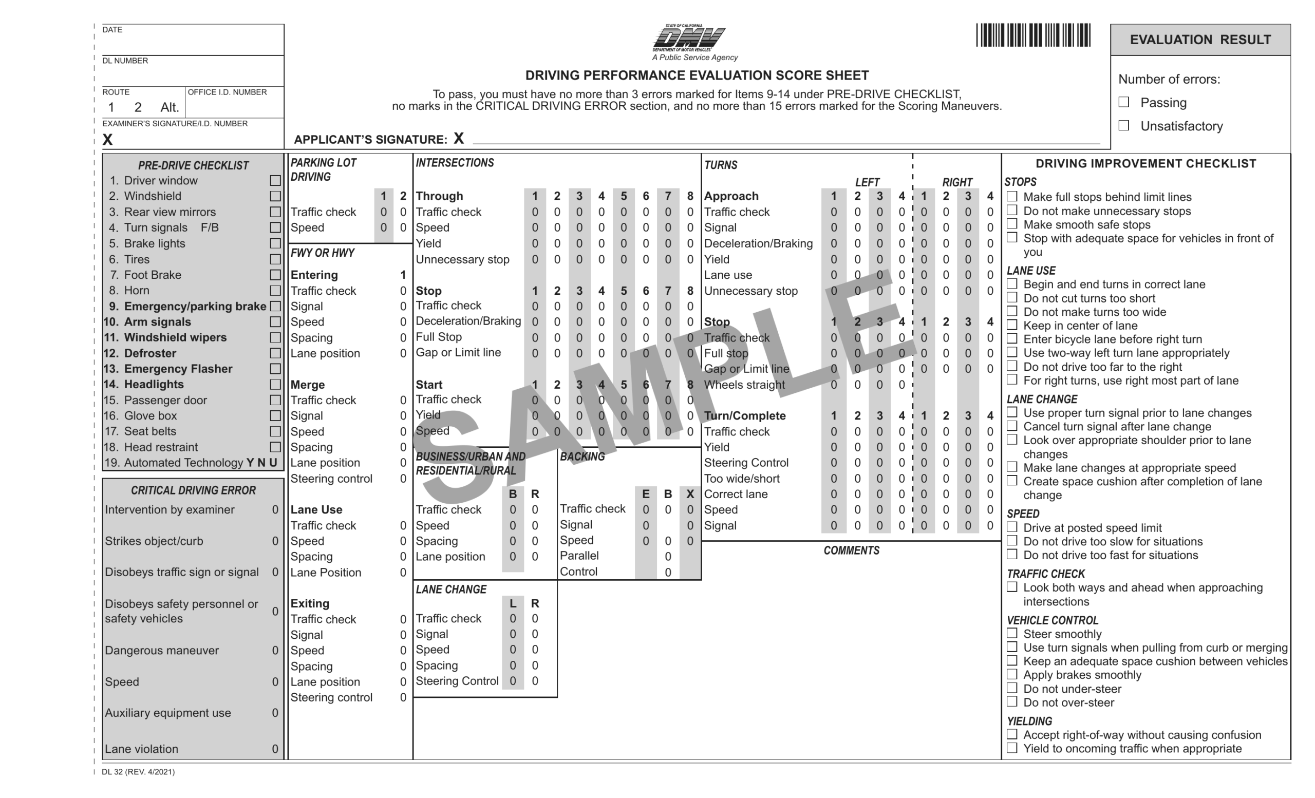CA DMV Form DL 32 Driving Performance Evaluation Score Sheet 