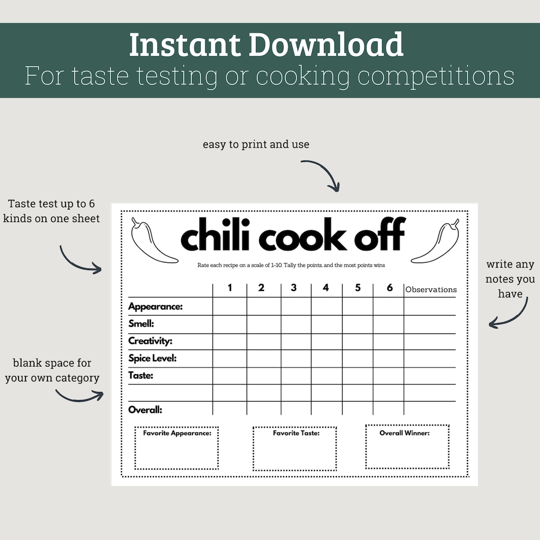 Chili Cook off Taste Testing Scorecard Printable For Parties And Competitions Etsy