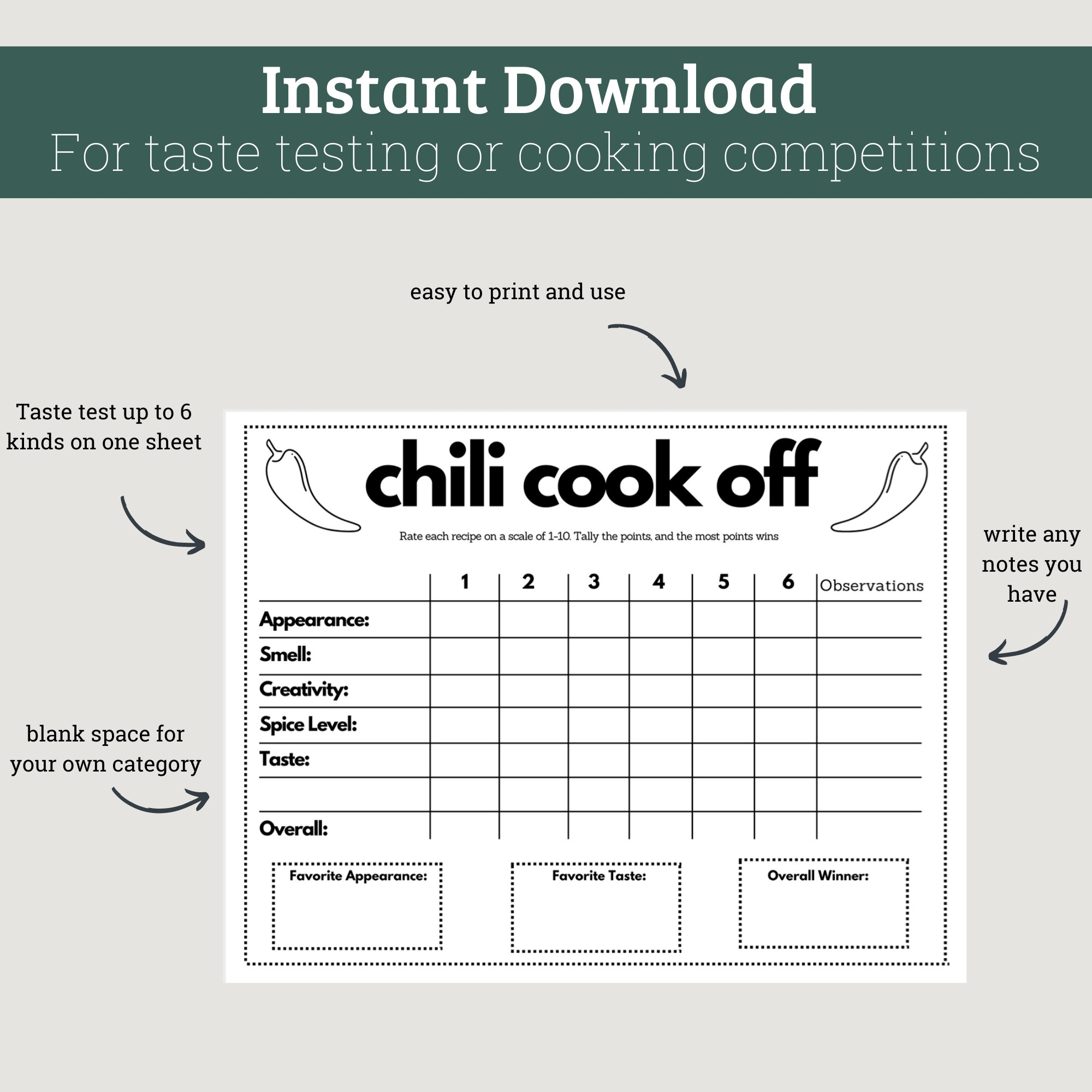 Chili Cook off Taste Testing Scorecard Printable For Parties And 