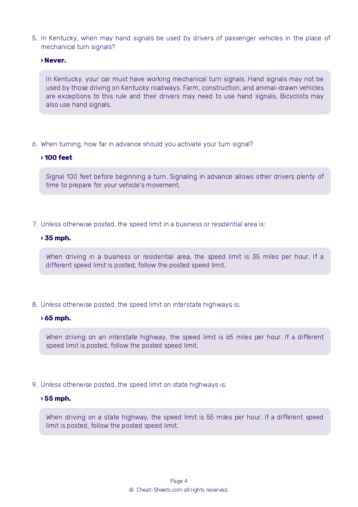 DMV Test Cheat Sheet Kentucky