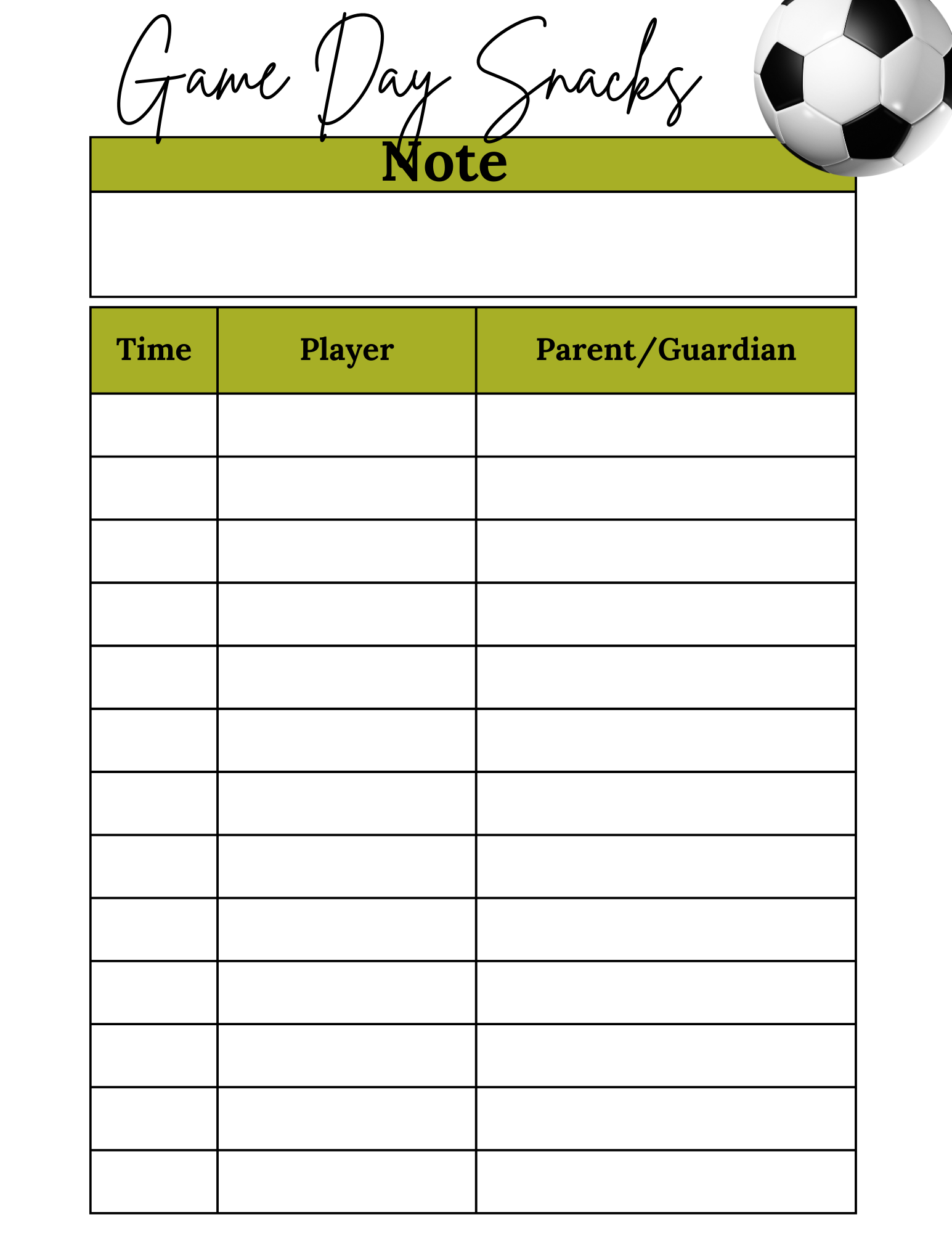 Editable Soccer Game Day Snacks Sign Up Sheet Printable Instant Download 