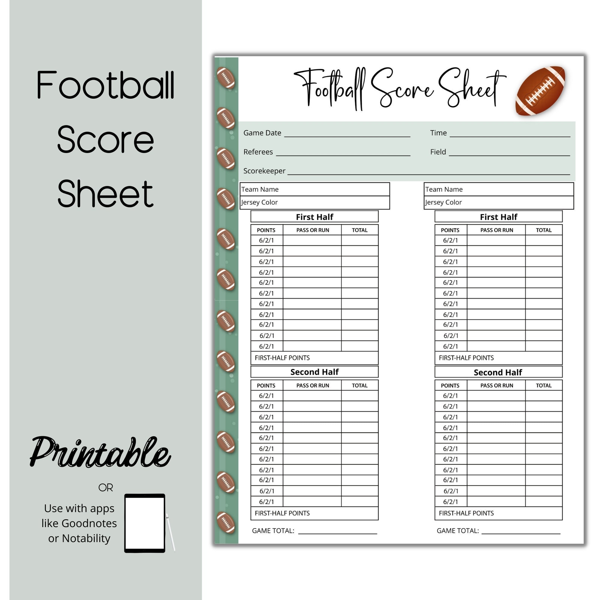 Football Score Card Football Scoresheet Etsy Australia