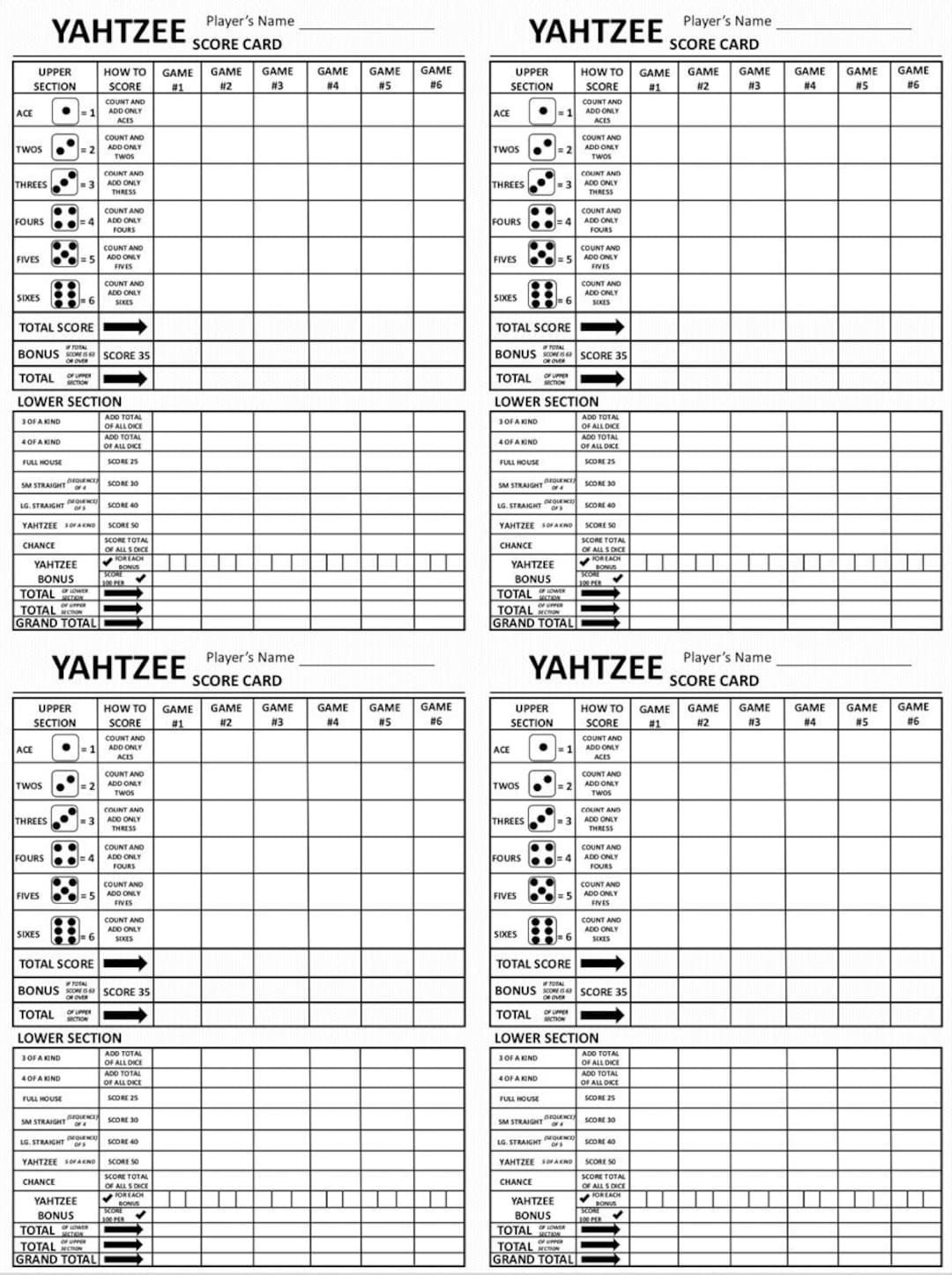 Four Yahtzee Score Card Four Yahtzee Scoresheet Four Yahtzee Score Pads Printable File PDF Download 8 5x11 Etsy