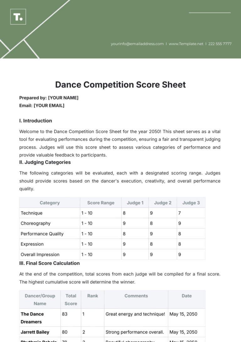 Free Dance Competition Score Sheet Template To Edit Online
