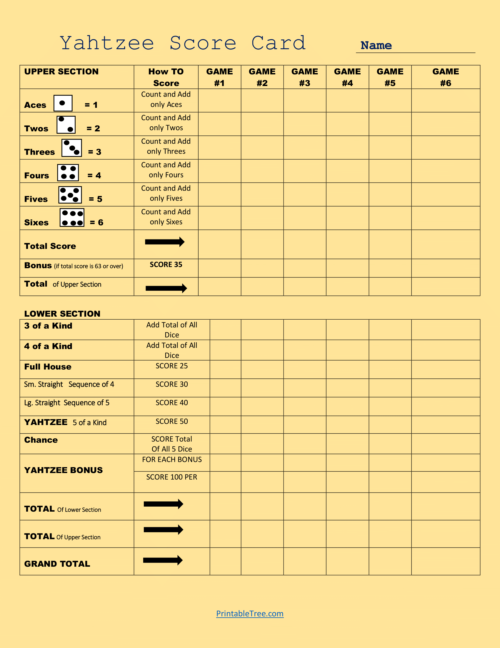 Full Page Yahtzee Score Sheet Free