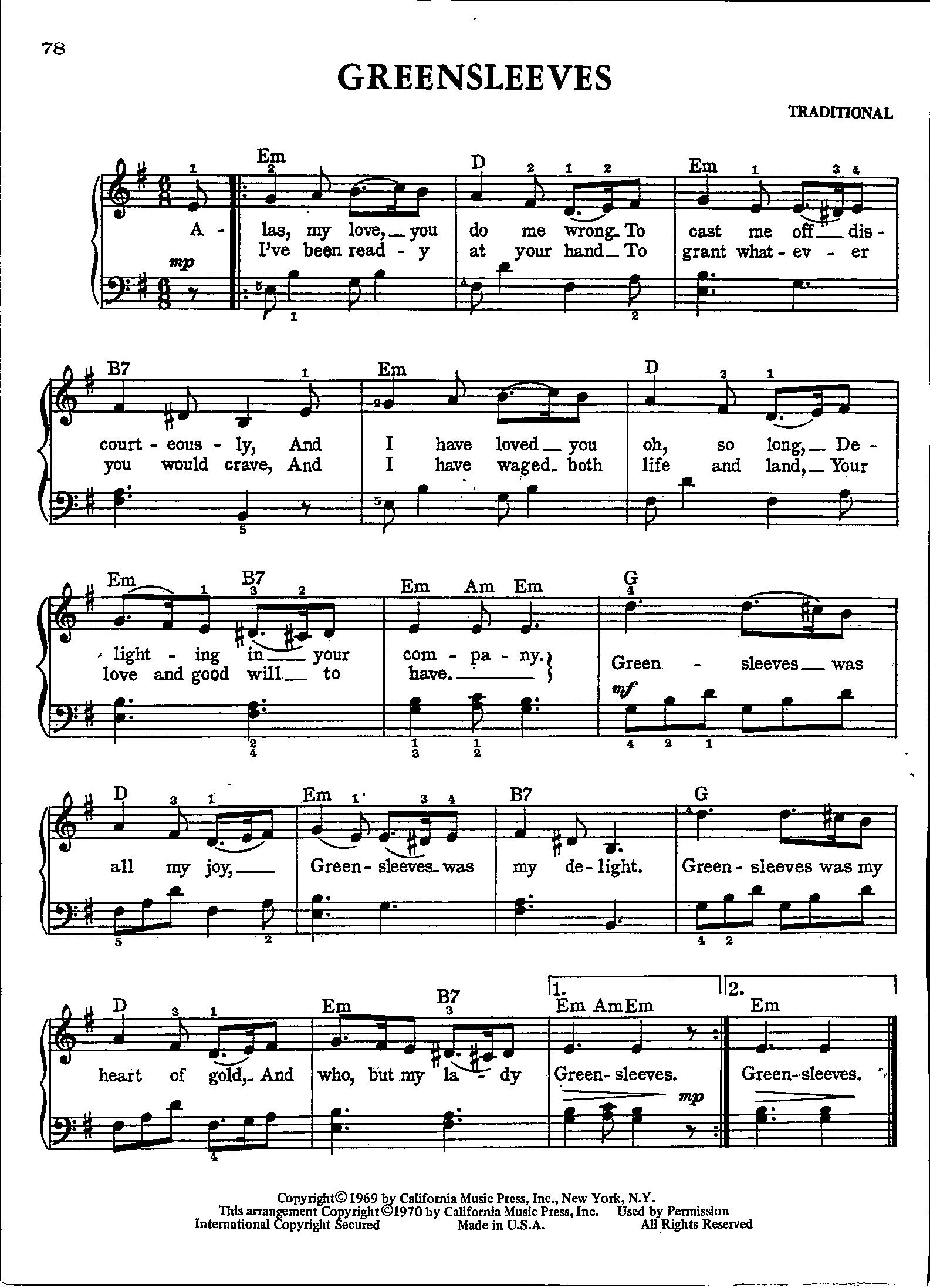 Greensleeves Digital Sheet Music For Piano Keyboards Guitar Organ And Voice Key Of E Minor Etsy Denmark