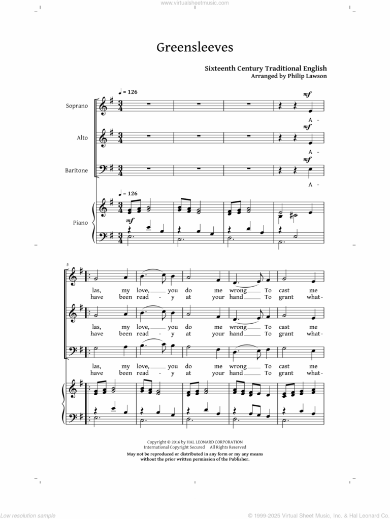 Greensleeves Sheet Music For Choir SAB Soprano Alto Bass 