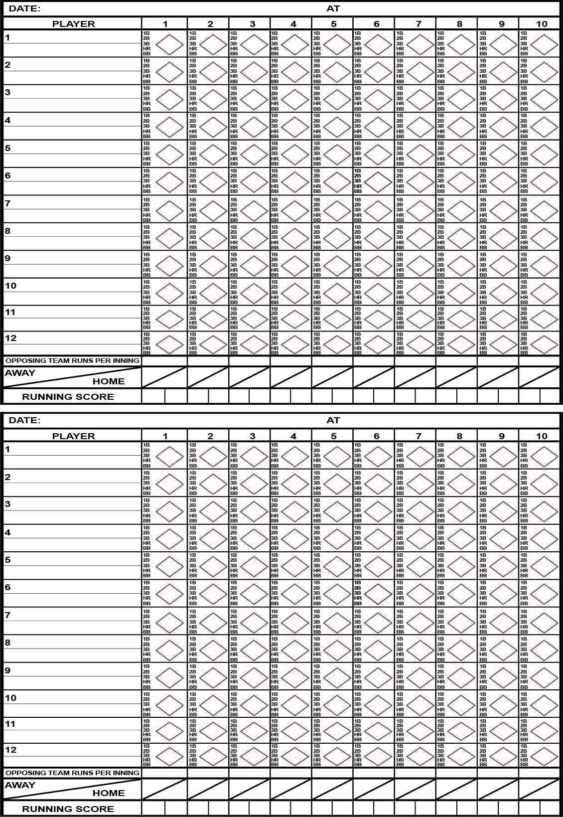 Half Sheet Baseball Softball Scorecard
