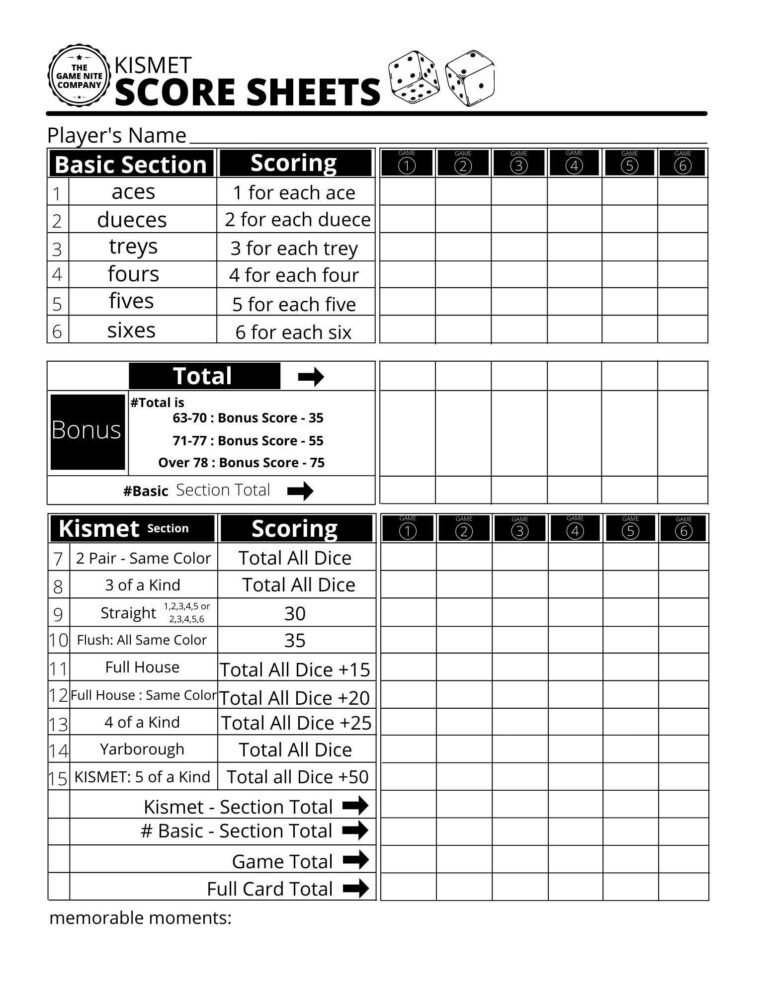 Kismet Score Sheets Printable PDF Kismet Score Cards Kismet Score Pads 8 5 X 11 Print