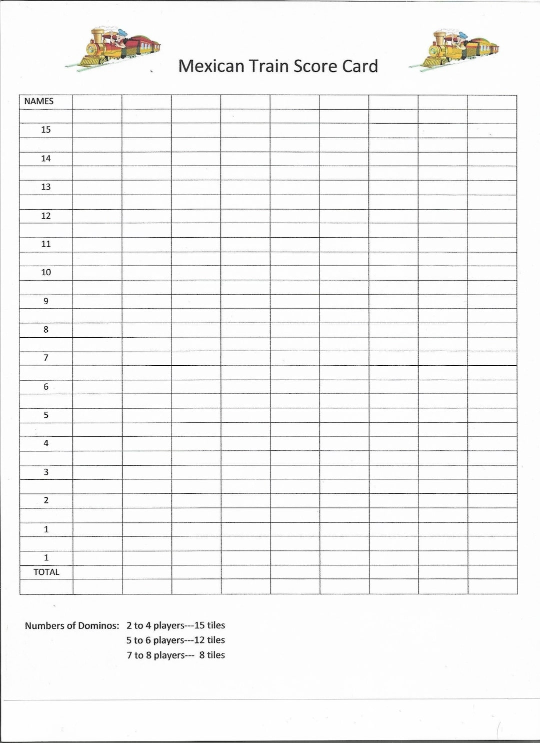 Mexican Train Score Sheet Template Mexican Train Score Sheet Template
