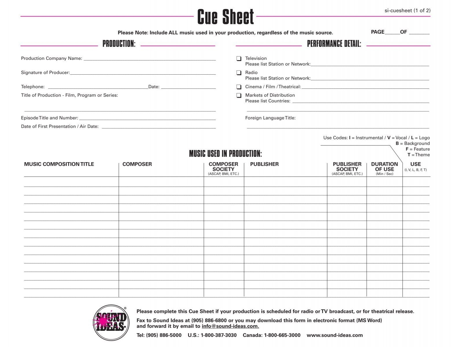 Music Cue Sheet Sound Ideas Music Cue Sheet Sound Ideas