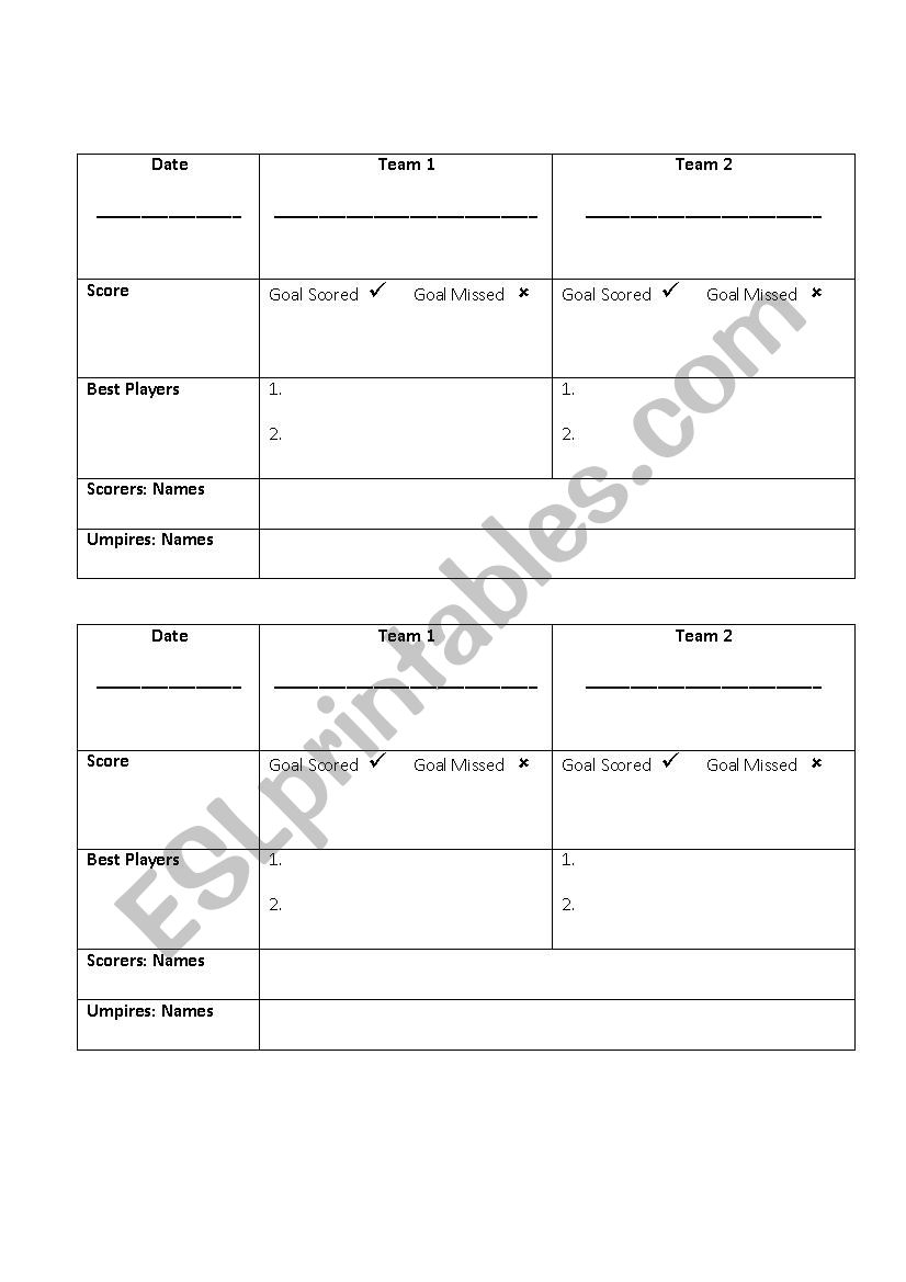 Netball Score Sheet Template Netball Score Sheet Template