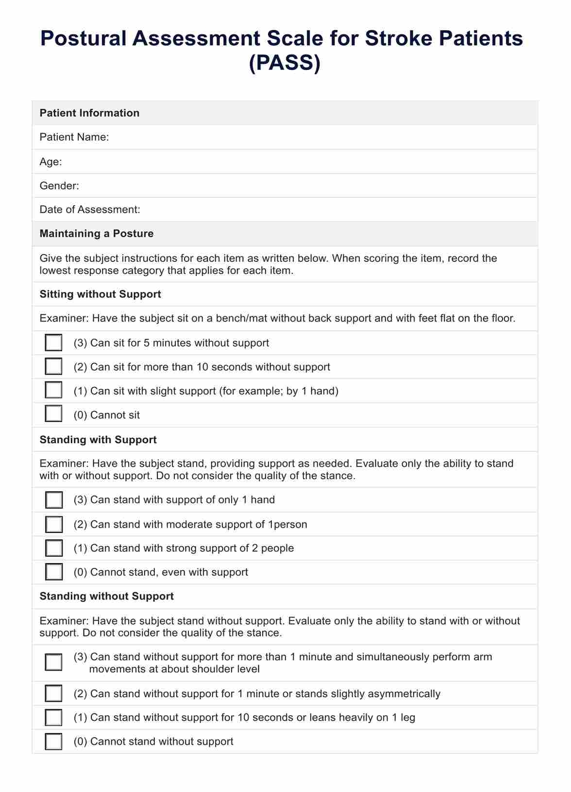 Function In Sitting Test Score Sheet