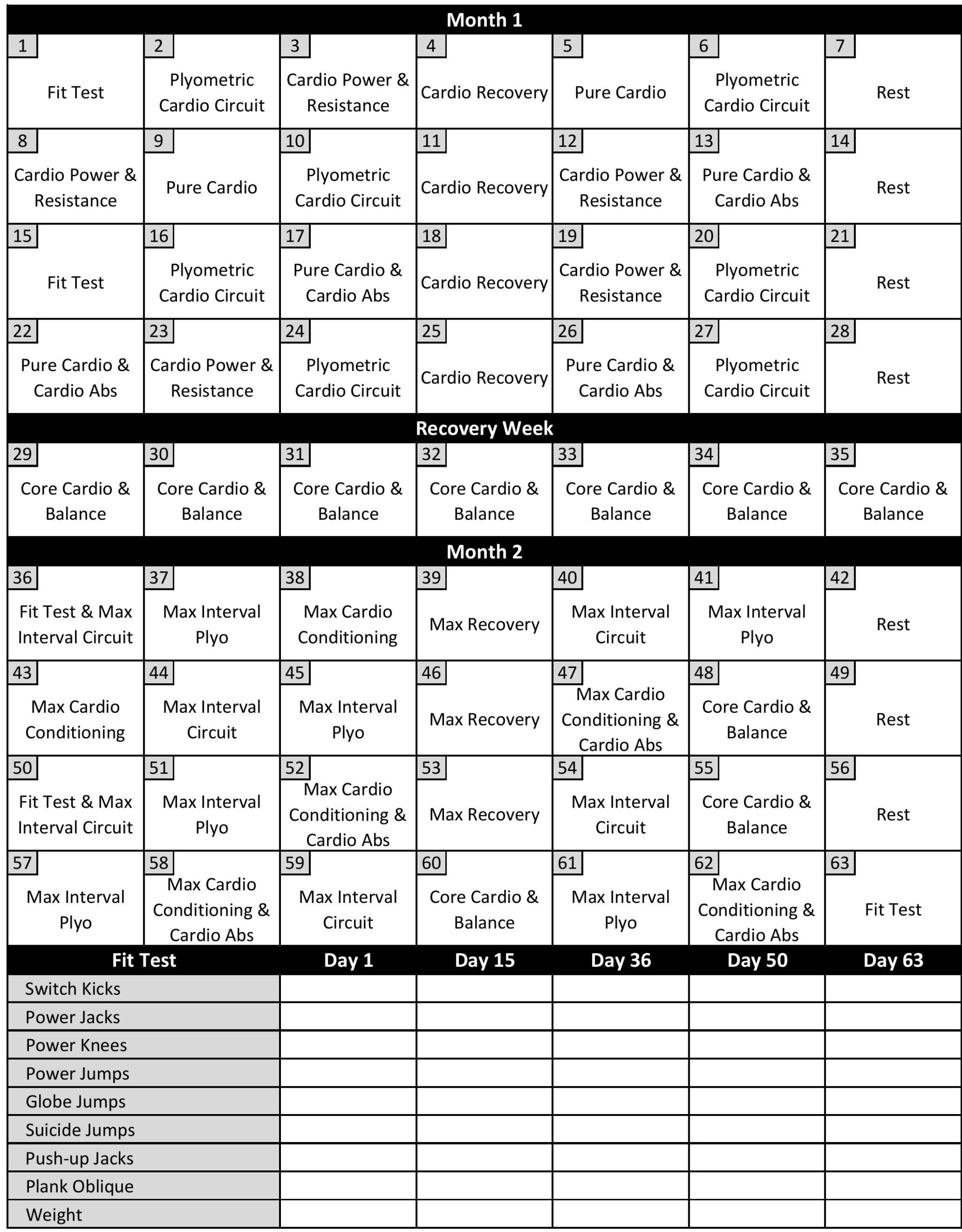 Insanity Fit Test Score Sheet