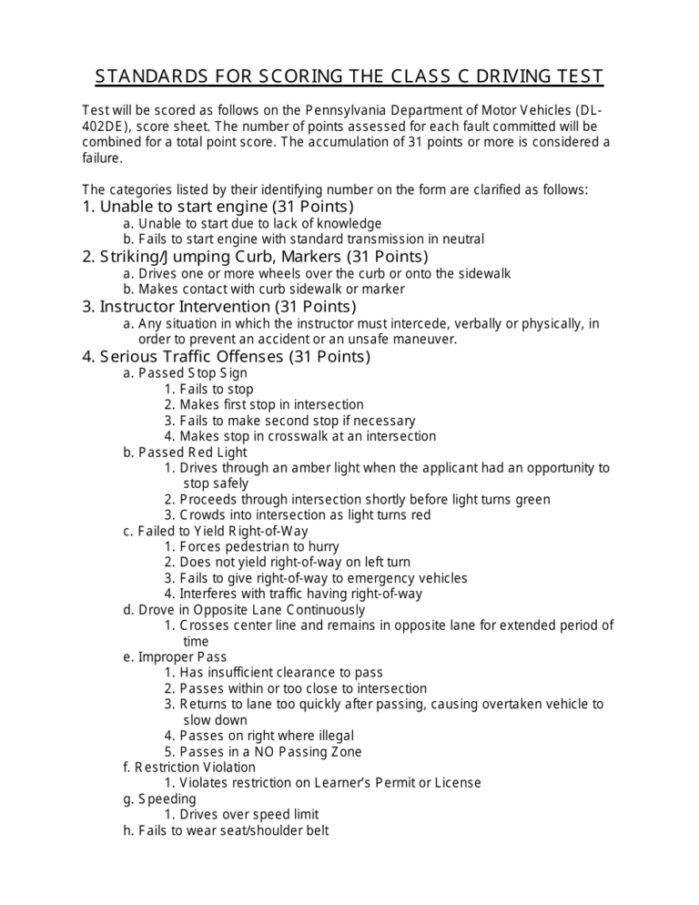 Pennsylvania Standards For Scoring The Class C Driving Test Fill Out Sign Online And Download PDF Templateroller