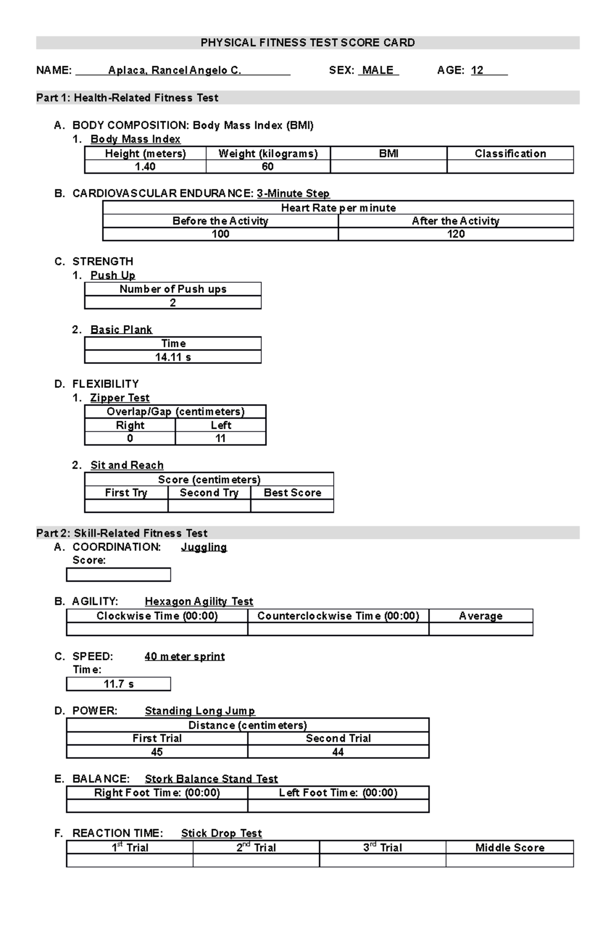 Physical Fitness Test Score Card NAME Aplaca Rancel Angelo C SEX MALE AGE 12 Part 1 Studocu