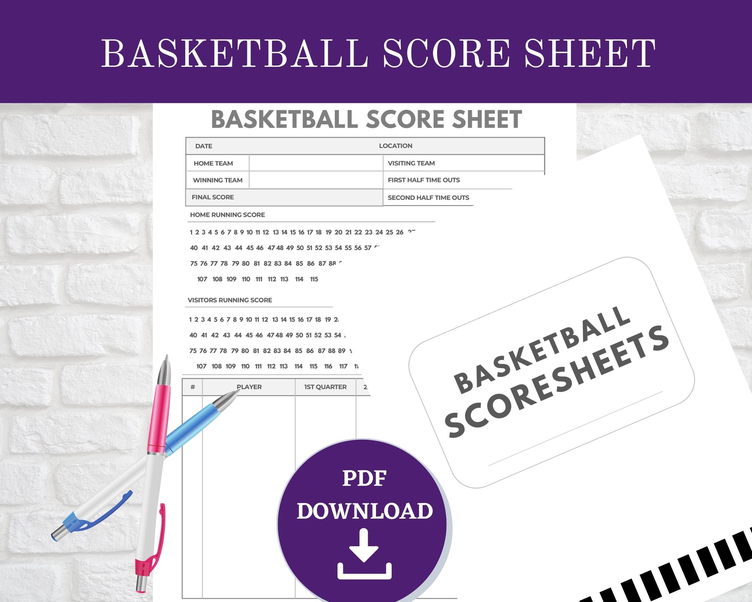 Printable Basketball Score Sheet 8 5x11 Sheets Digital Instant PDF Download