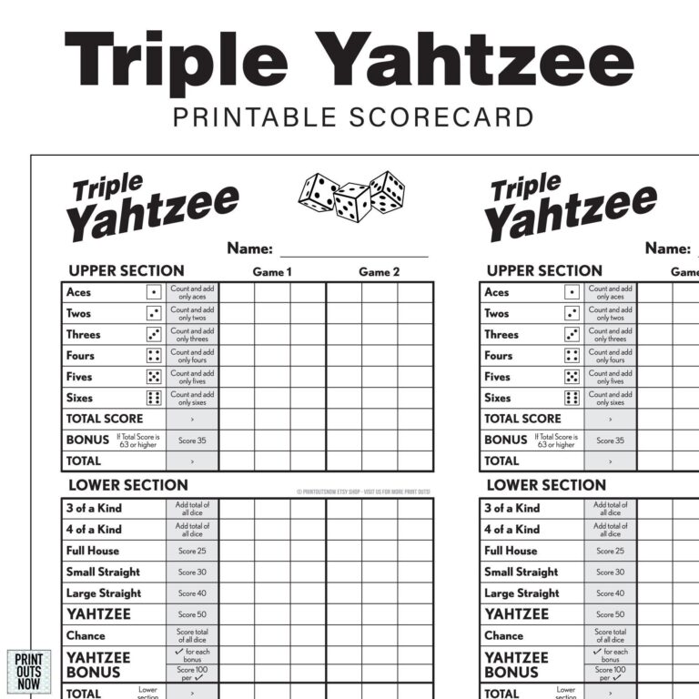 Printable Triple Yahtzee Scorecards Scorepad Print As Many As You Need 8 5x11 And A4 Included Etsy