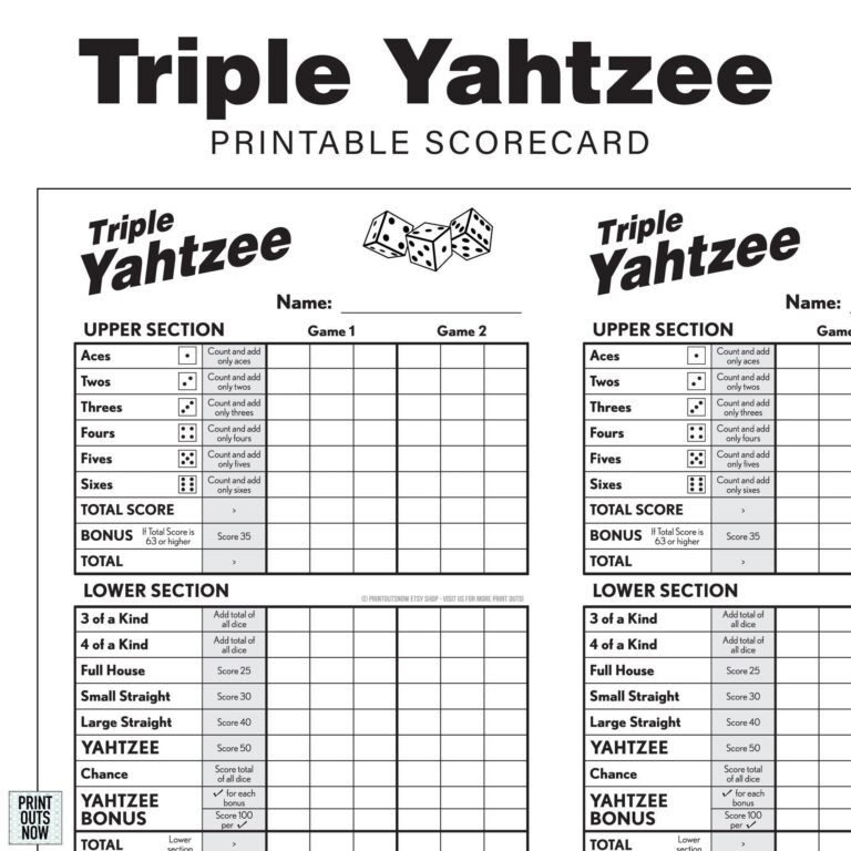 Printable Triple Yahtzee Scorecards Scorepad Print As Many As You Need 8 5x11 And A4 Included Etsy Hong Kong