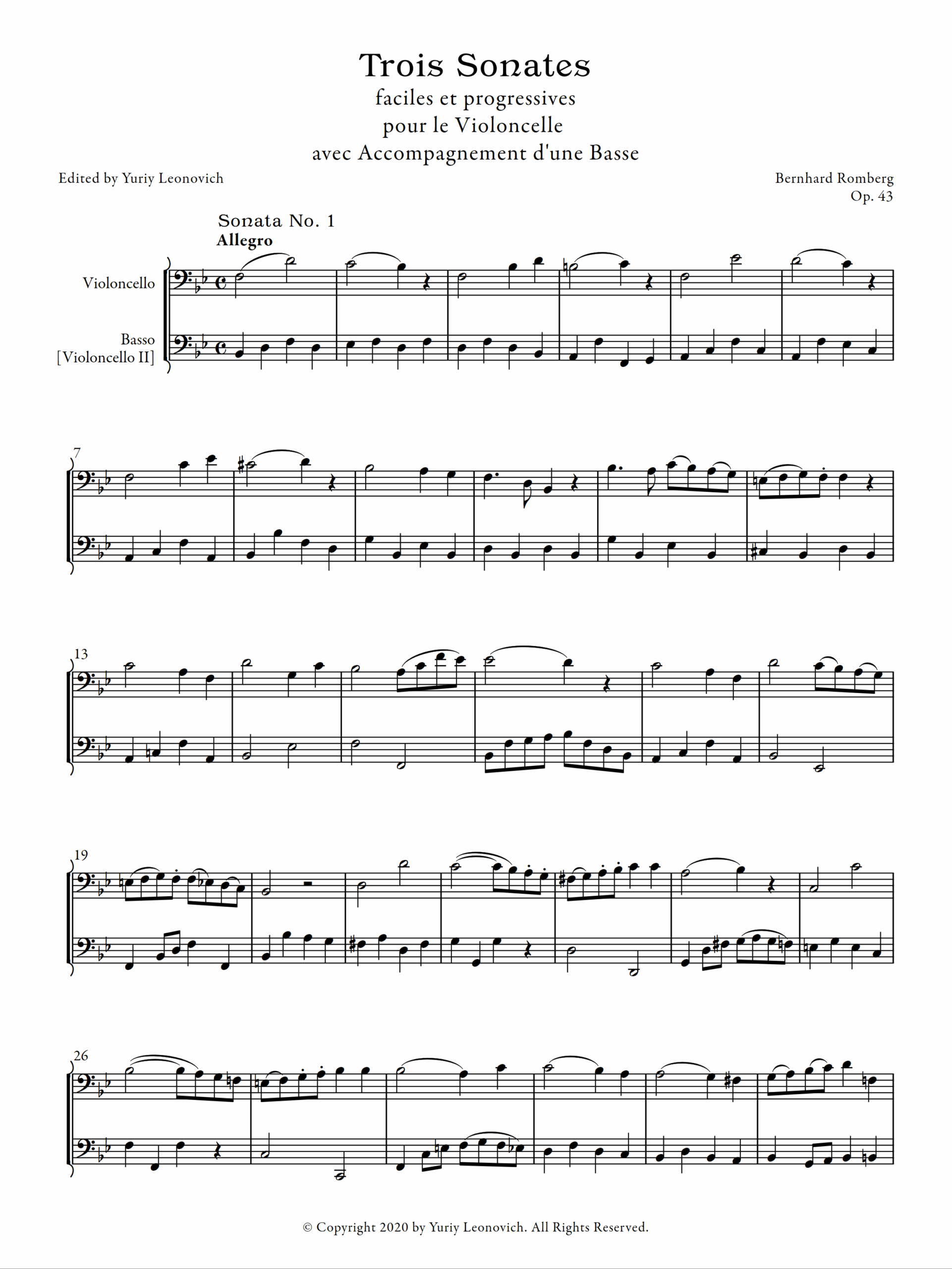 Romberg 3 Sonatas Op 43 For 2 Cellos Urtext Edition Yuriy 