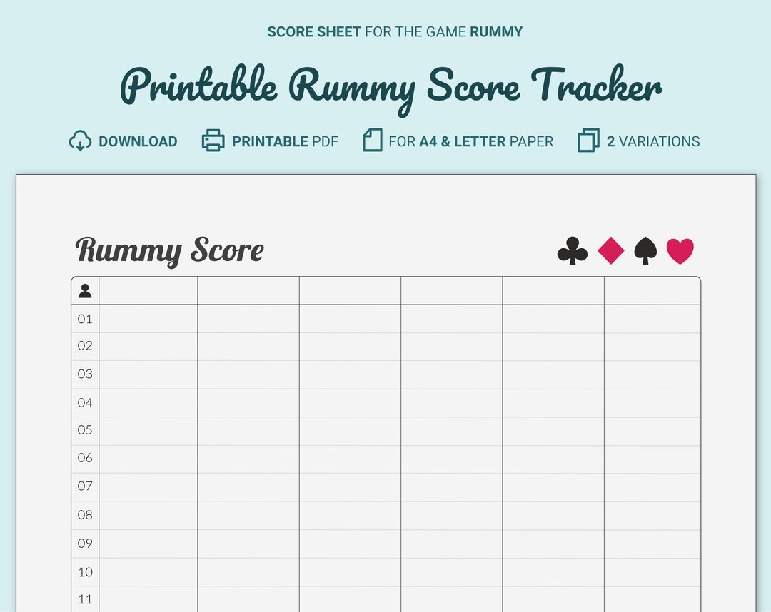 Rummy Score Card Tracker Printable Etsy UK