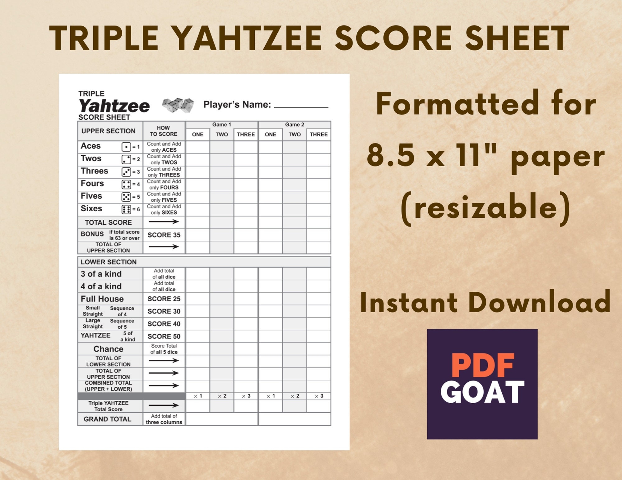 Triple Yahtzee Score Sheet Printable File PDF Download 8 5x11 In Etsy UK