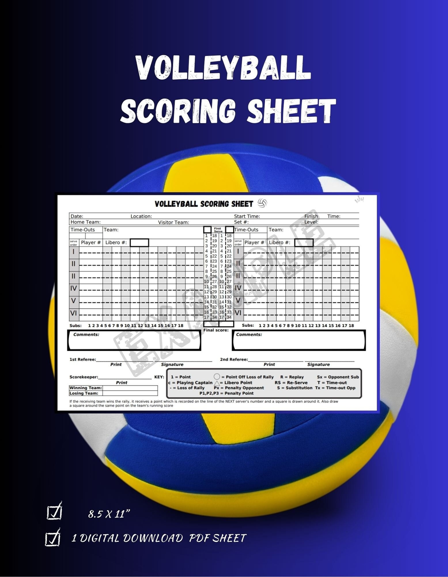 Volleyball Scoring Sheet For Volleyball Coach 11x8 5 Digital Download Volleyball Scoring Sheet