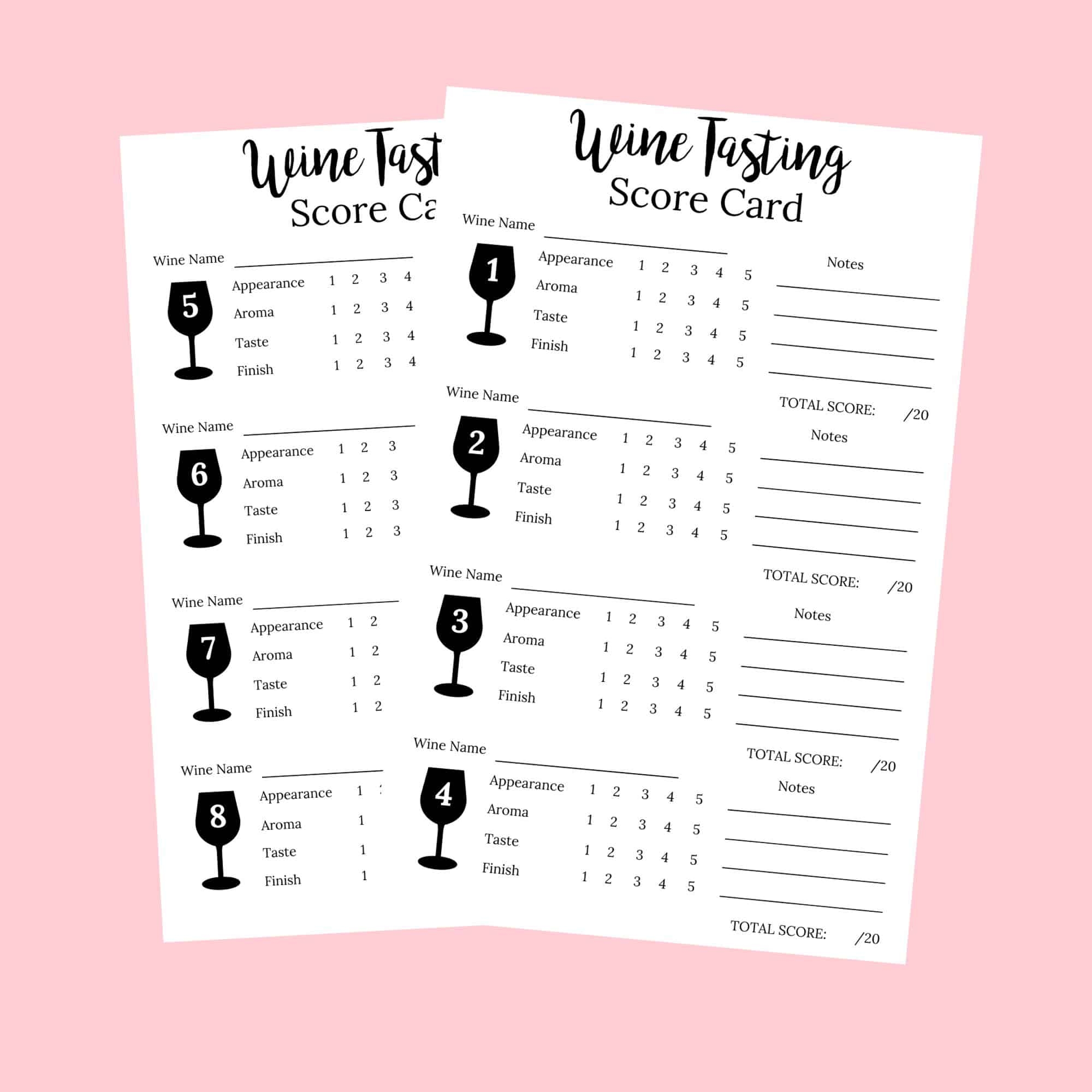 Wine Tasting Score Cards For 8 Wines