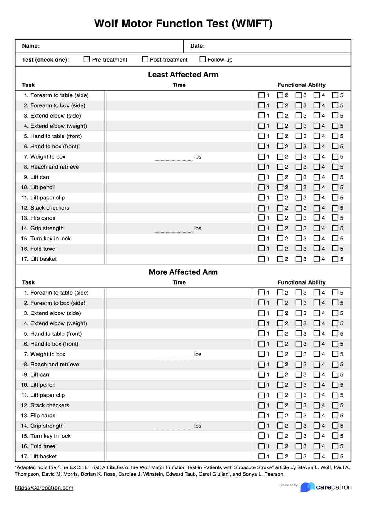 Wolf Motor Function Test WMFT U0026 Example Free PDF Download
