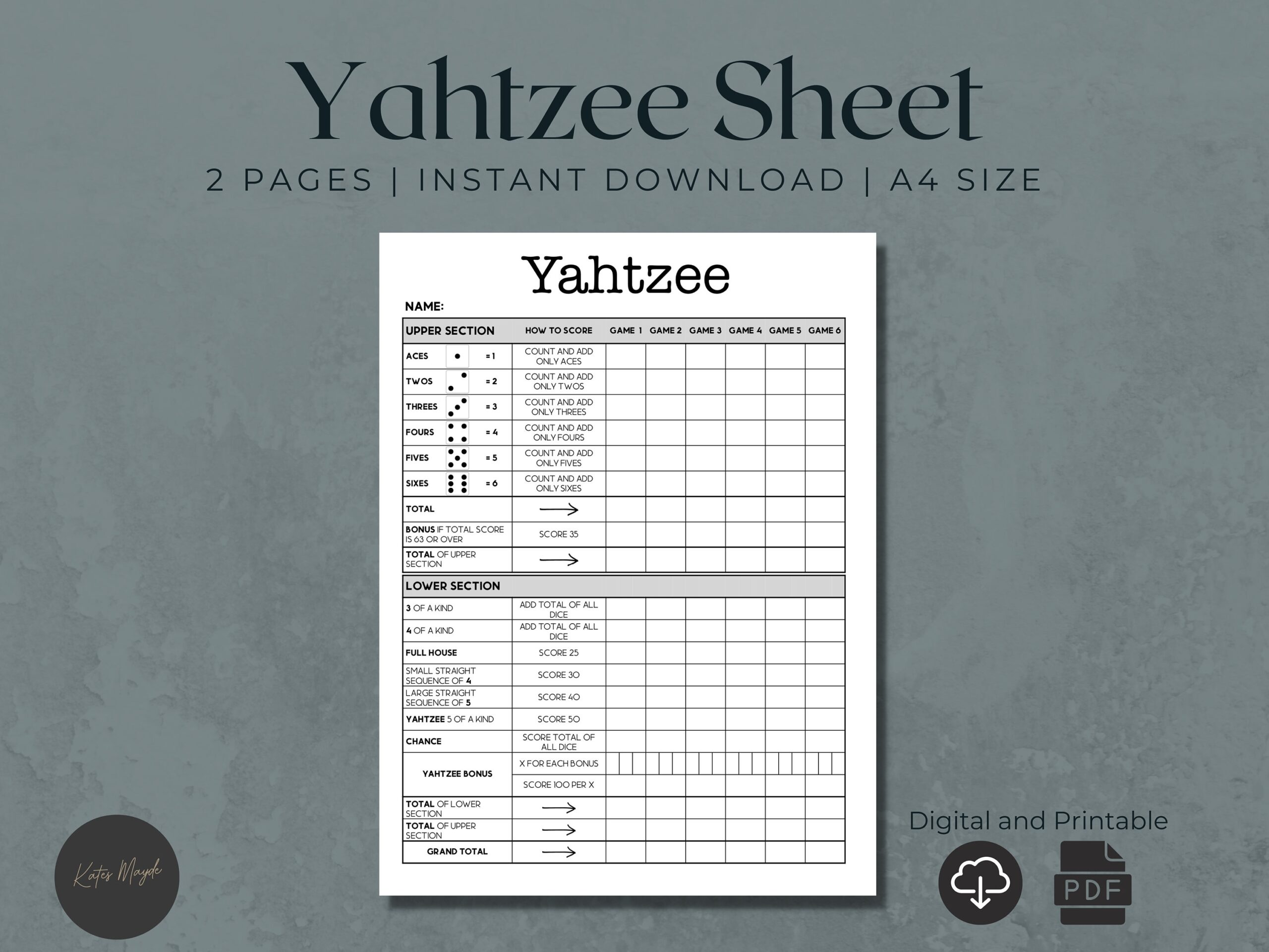 Yahtzee Score Card Printable Yahtzee Printable Score Card Yahtzee Score Pads Yahtzee Score Sheets Yahtzee Download Etsy