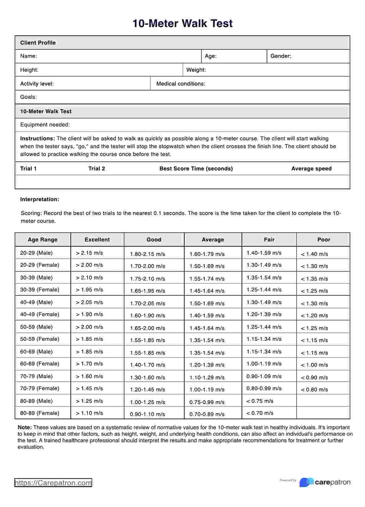 10 Meter Walk Test U0026 Example Free PDF Download
