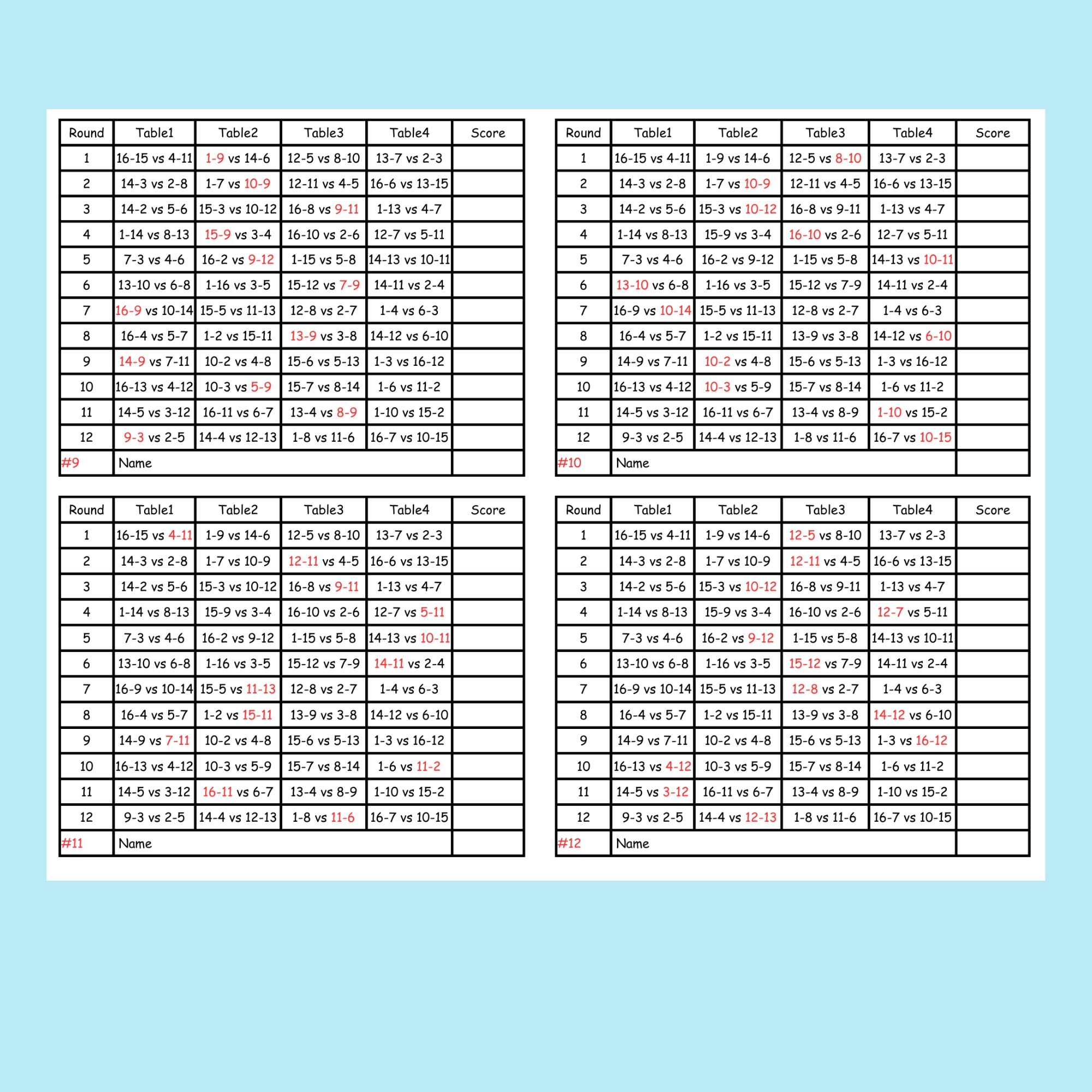 16 Person Euchre Tournament Rotation 4 Table Score Cards