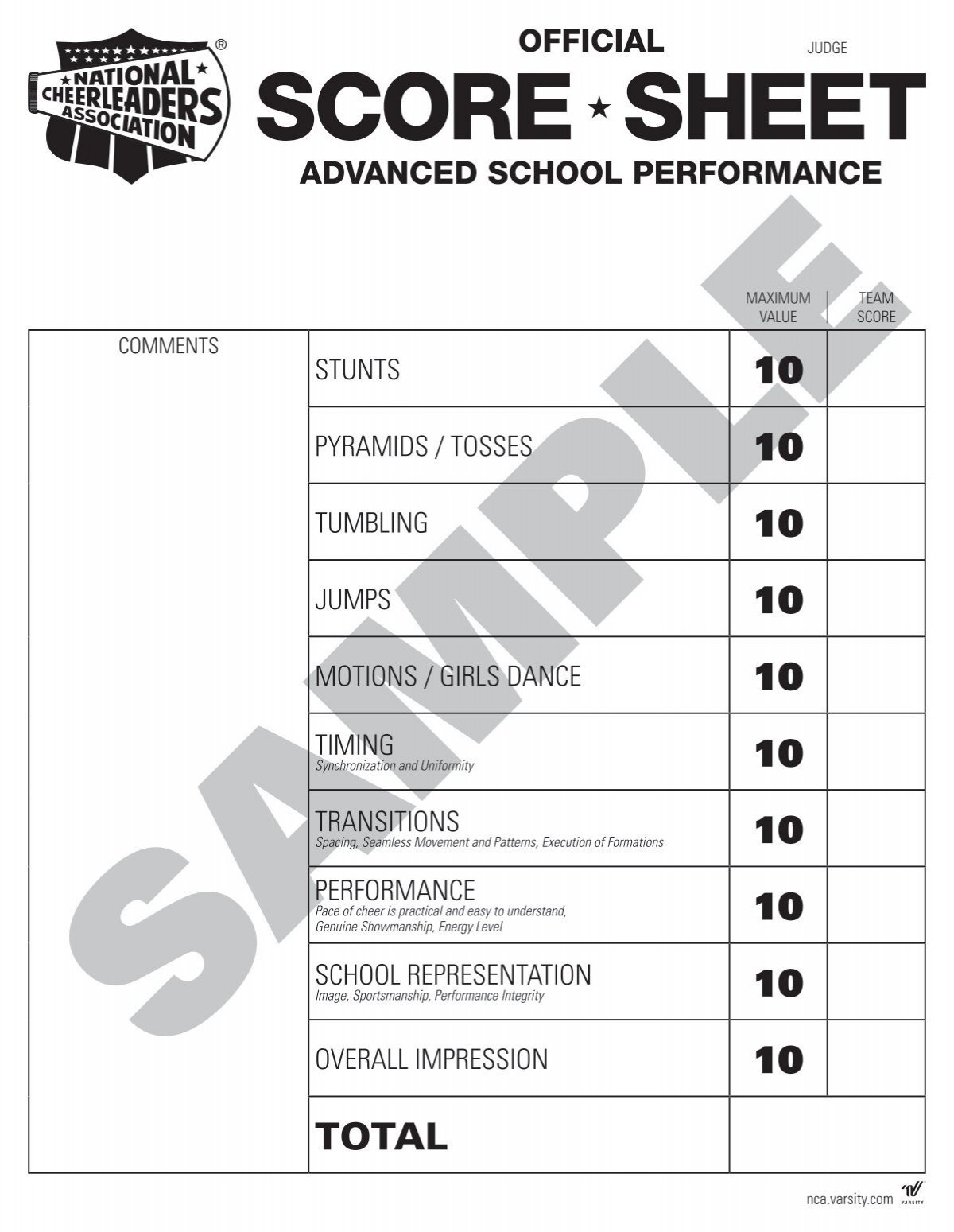 2014 School Sample Score Sheets Varsity