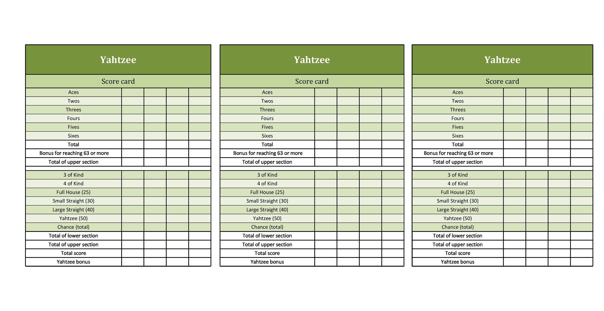 Triple Yahtzee Score Sheets Free