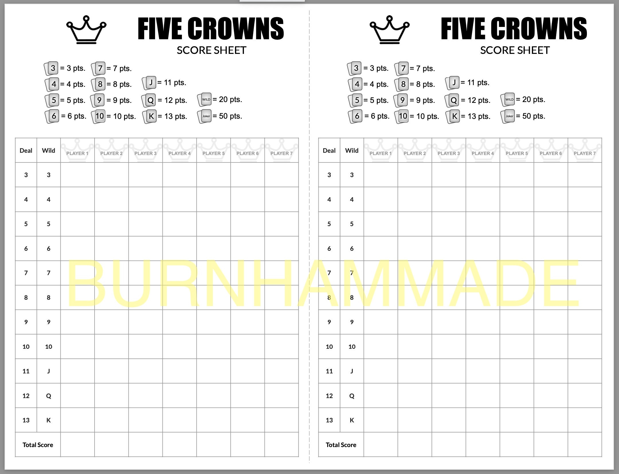 5 Crowns Game Score Sheet Full Page