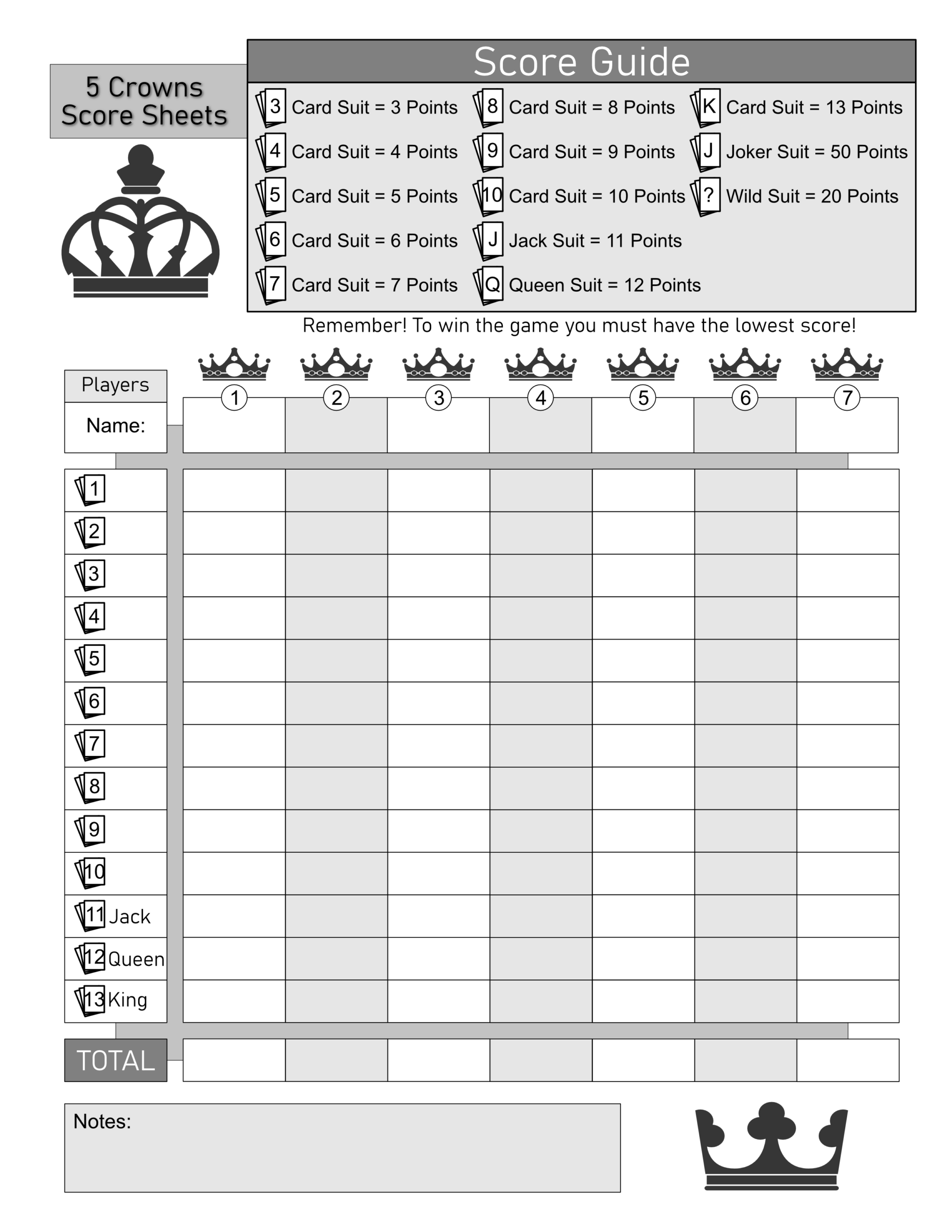 Five Crowns Printable Score Sheets