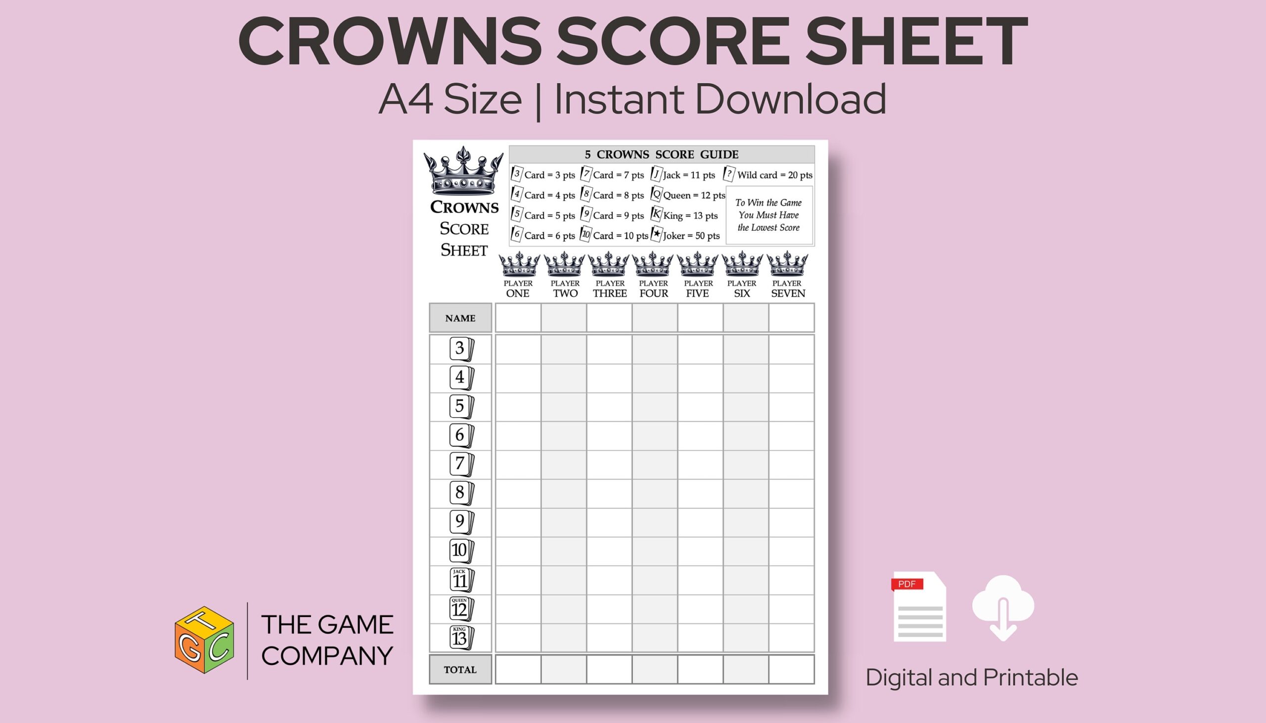 5 Crowns Score Sheet Printable 5 Crowns Score Card A4 Size 
