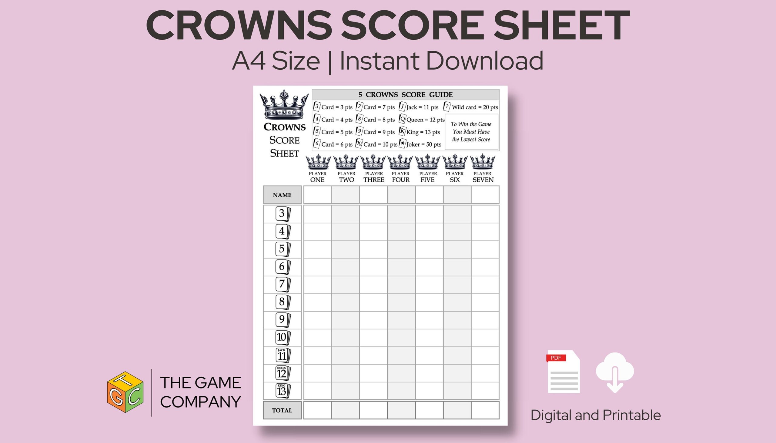 5 Crowns Score Sheet Printable 5 Crowns Score Card A4 Size 