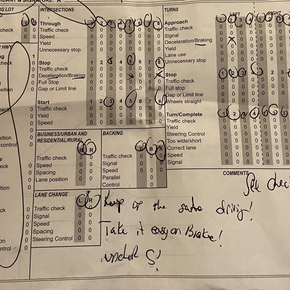 Texas Road Test Score Sheet