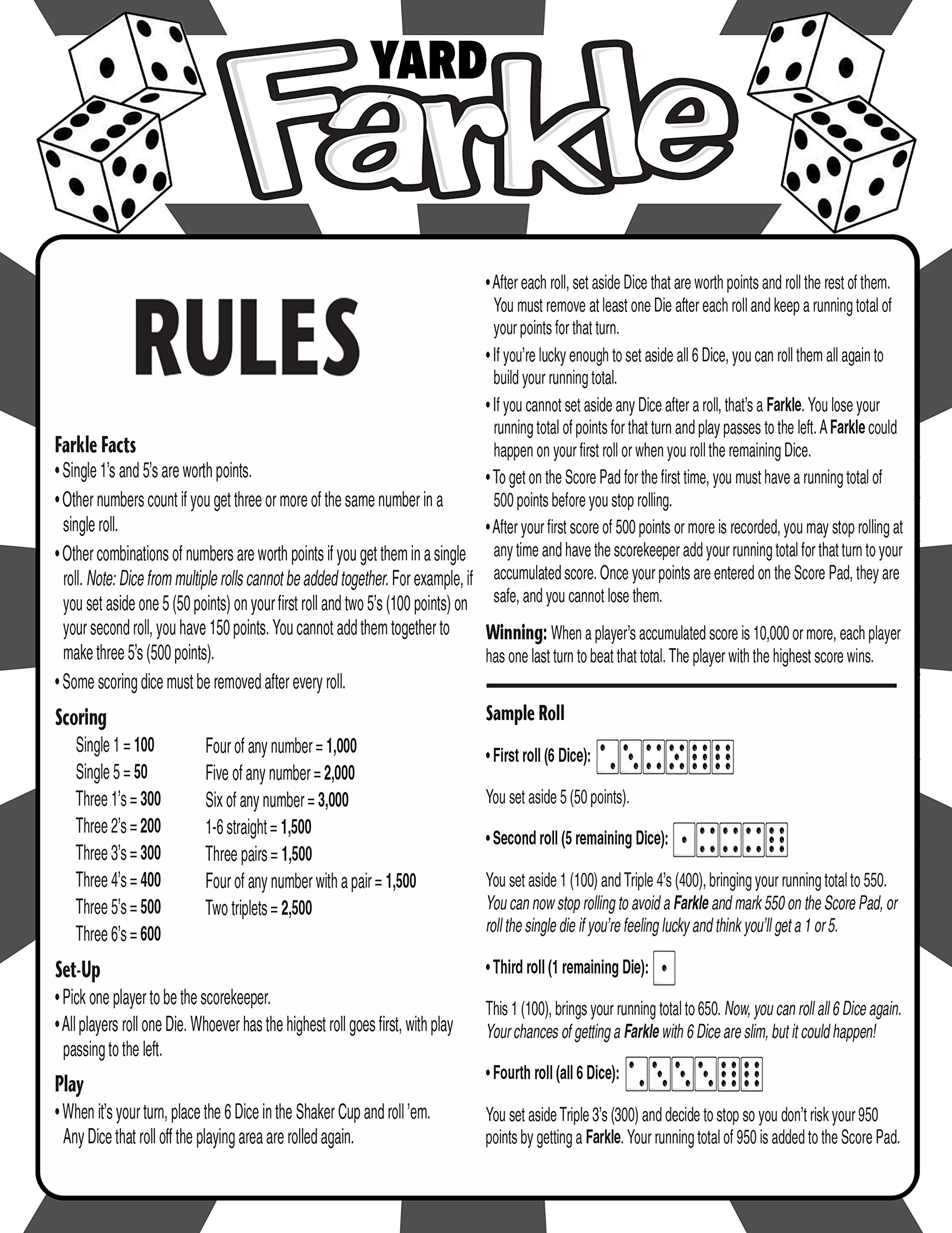 Printable Yard Farkle Score Sheet
