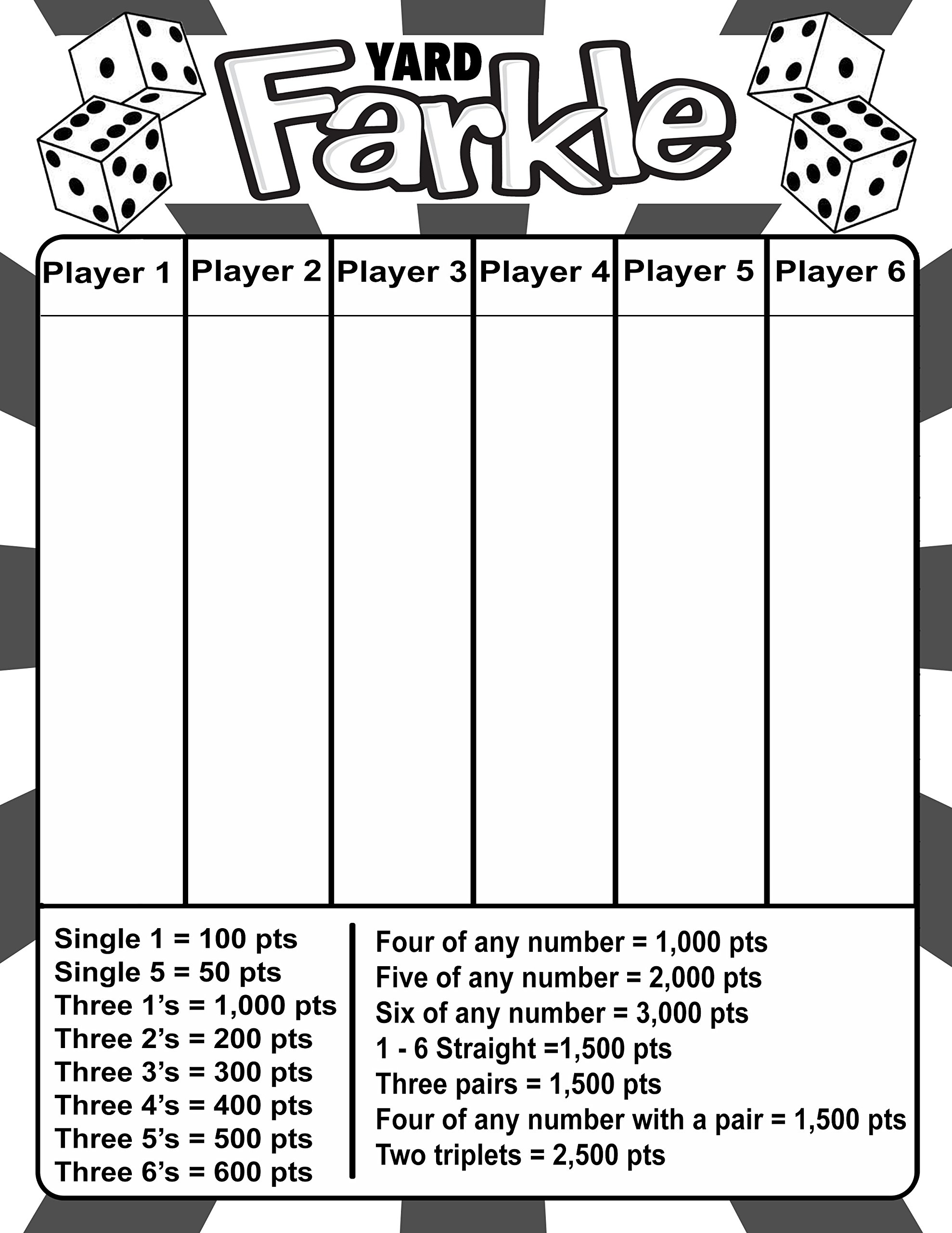 Amazon Laminated Yard Farkle Scorecard With Instructions 