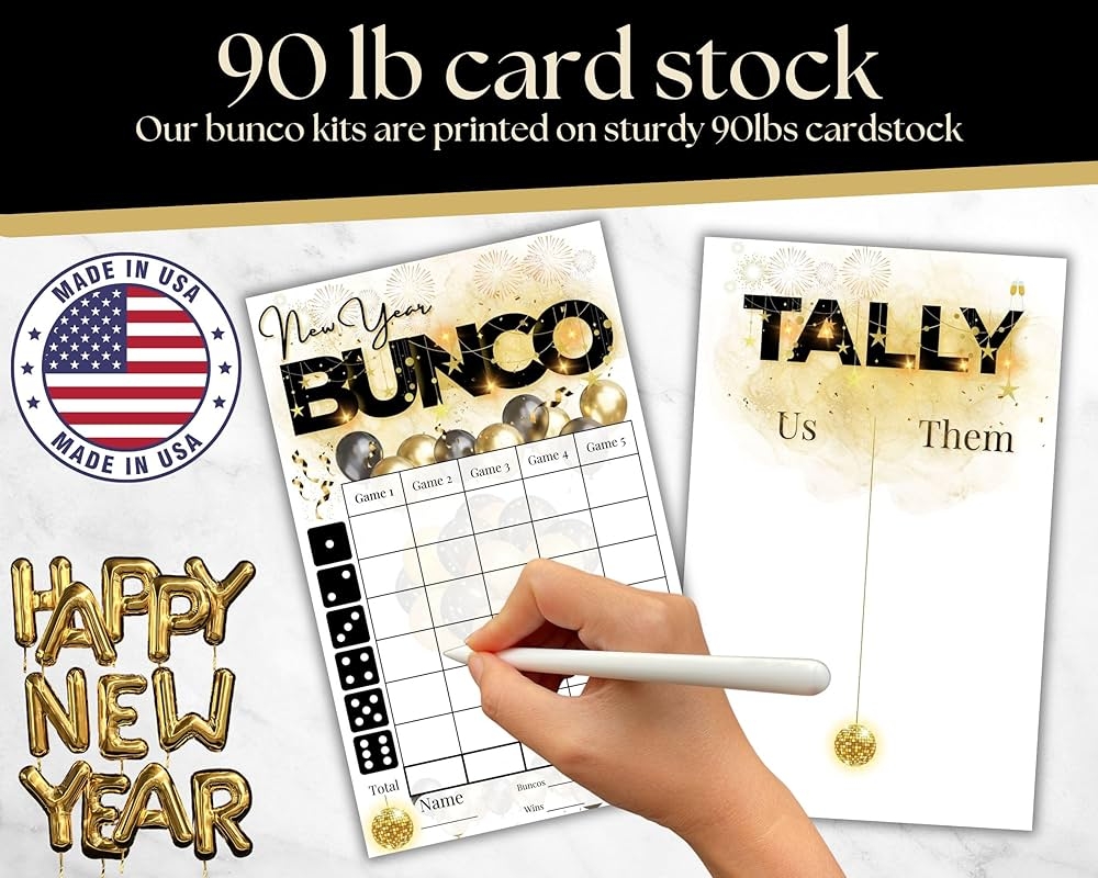 Amazon New Year Bunco Bundle December January Theme NYE Theme Score Sheets Winter Themed Bunco Scorecards Tally Sheets Ghost Player Bunco Game Kit For Game Night Party Handmade Products
