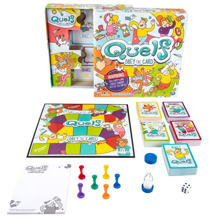 Amazon Spin Master Quelf Board Game Party Game For Teens And Adults Obey The Cards To Win Family Game Night 300 Outrageous Action Cards Combines Quiz Questions Stunts Acting And Hilarious